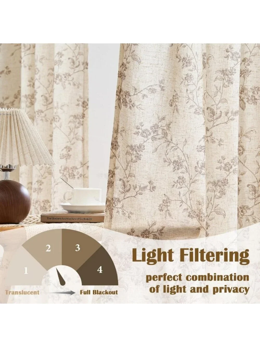 90 Inch Taupe Floral Linen Curtains - Vintage Light Filtering Drapes, 2 Panels